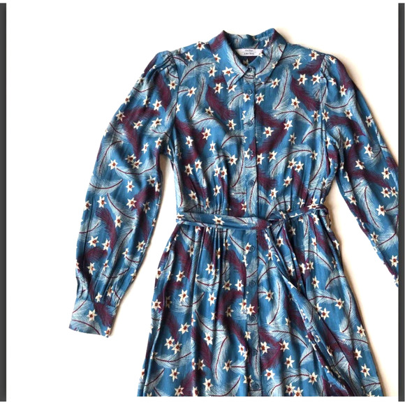 Paris Atelier & Other Stories Blue Retro Print Midi Buttons Dress Size Small - Picture 2 of 7